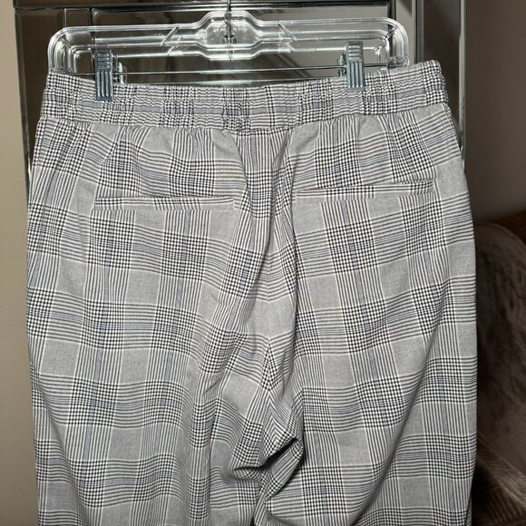 H&M Plaid Pants Regular Fit Elastic Waist Straight Leg Office Medium Black Grey - Picture 5 of 7